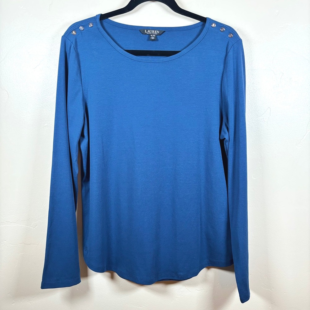 Lauren Ralph Lauren Long Sleeve Tee Shirt Womens XL Blue Silver Shoulder Buttons